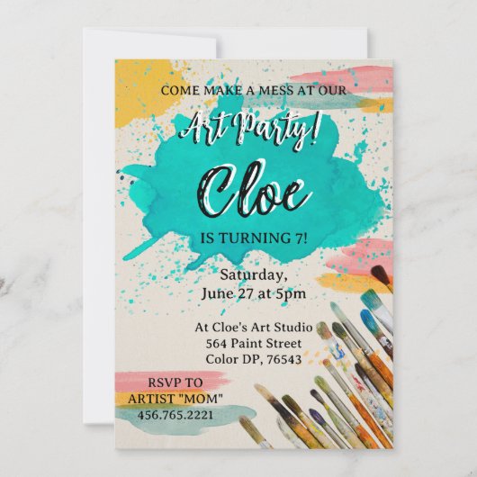 Kleurrijke Art Party uitnodiging met verfvlekken (Voorkant)