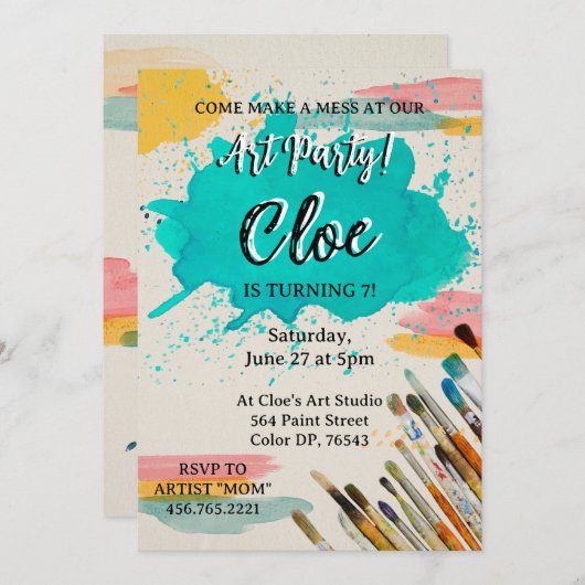 Kleurrijke Art Party uitnodiging met verfvlekken (Voorkant / Achterkant)