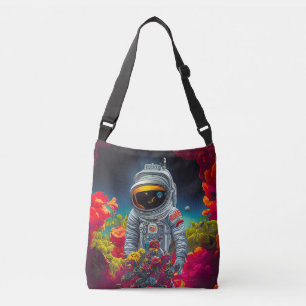 Kleurrijke astronaut in ruimte met bloemen   crossbody tas