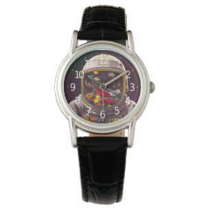 Kleurrijke astronaut in ruimte met bloemen horloge