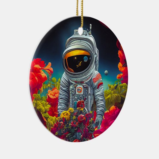 Kleurrijke astronaut in ruimte met bloemen | keramisch ornament (Rechts)