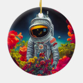 Kleurrijke astronaut in ruimte met bloemen | keramisch ornament (Achterkant)
