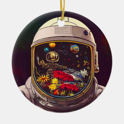 Kleurrijke astronaut in ruimte met bloemen | keramisch ornament (Voorkant)