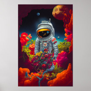 Kleurrijke astronaut in ruimte met bloemen poster