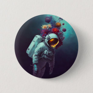Kleurrijke astronaut in ruimte met bloemen ronde button 5,7 cm