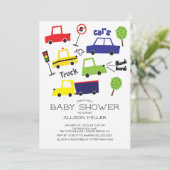 Kleurrijke auto's & vrachtwagens Baby shower Invit Kaart (Staand voorkant)