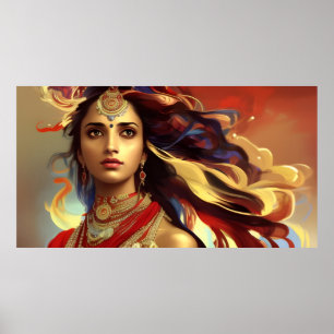 Kleurrijke Aziatisch Indiase vrouw rood goud Blauw Poster