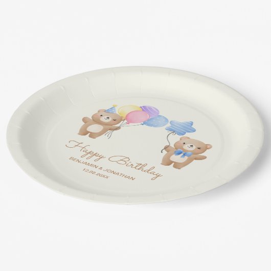 Kleurrijke ballonnen Beer Boys Joint Birthday Papieren Bordje (Gekanteld)