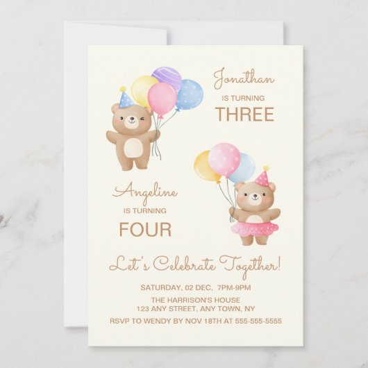 Kleurrijke ballonnen Beer samen Joint Birthday Kaart (Voorkant)