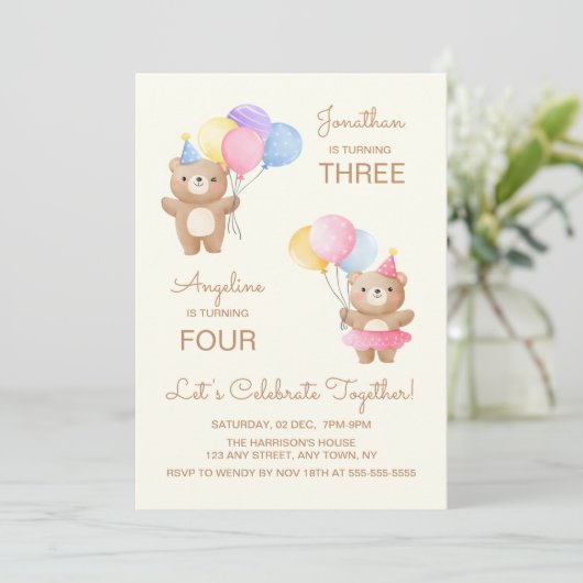 Kleurrijke ballonnen Beer samen Joint Birthday Kaart (Staand voorkant)