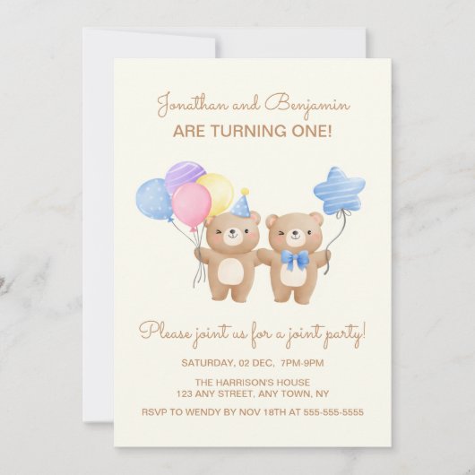 Kleurrijke ballonnen Beer Twin Boys Joint Birthday Kaart (Voorkant)