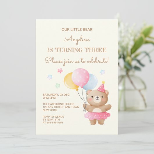 Kleurrijke Ballonnen Schattige Beer Meisje 3e Verj Kaart (Staand voorkant)
