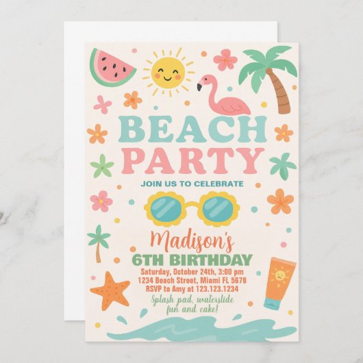 Kleurrijke Beach Party Verjaardag Uitnodiging & De (Voorkant / Achterkant)