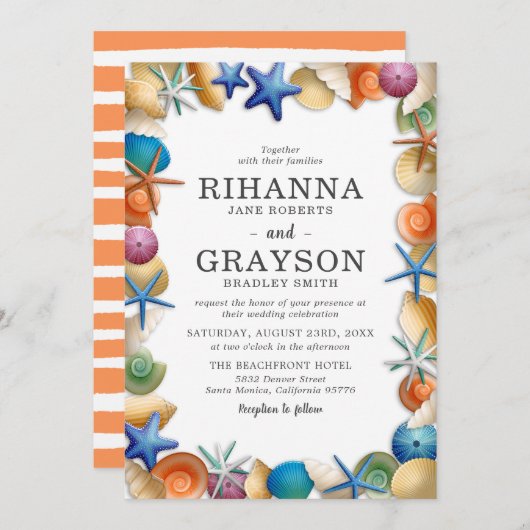 Kleurrijke Beach Seashell bruiloft Kaart (Voorkant / Achterkant)