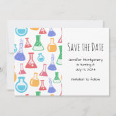 Kleurrijke Beakers en Flasks Science Patroon Save The Date (Voorkant)