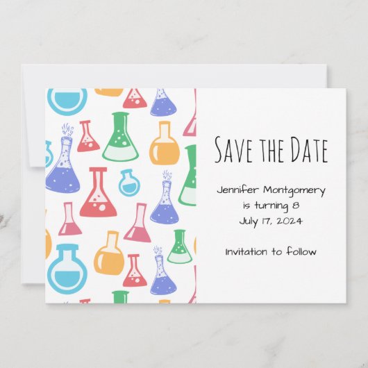 Kleurrijke Beakers en Flasks Science Patroon Save The Date (Voorkant)