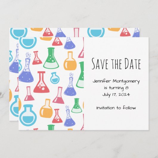 Kleurrijke Beakers en Flasks Science Patroon Save The Date (Voorkant / Achterkant)