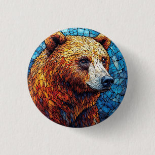 Kleurrijke berenportret in een glas-in-loodkunst ronde button 3,2 cm