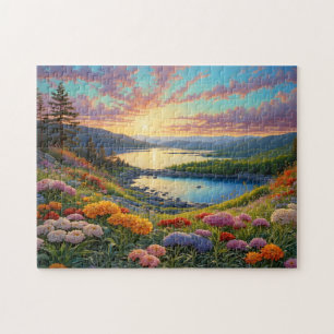 Kleurrijke bergmeer bloemen kunst legpuzzel