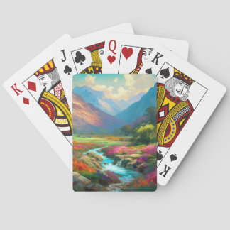 Kleurrijke bergvlakte, bloemen en rivierPoster Pokerkaarten