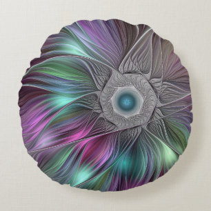 Kleurrijke Big Flower Abstract Trippy Fractal Art Rond Kussen