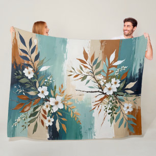 Kleurrijke Bladeren Bloemen Abstract Blauwgroen Bl Fleece Deken