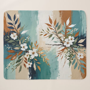 Kleurrijke Bladeren Bloemen Abstract Blauwgroen Bl Sherpa Deken
