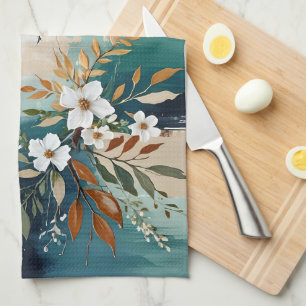 Kleurrijke Bladeren Bloemen Abstract Blauwgroen Bl Theedoek