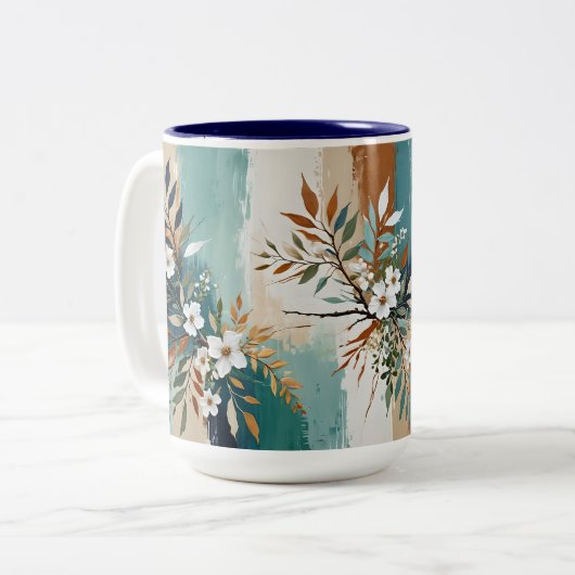 Kleurrijke Bladeren Bloemen Abstract Blauwgroen Bl Tweekleurige Koffiemok (Voorkant links)