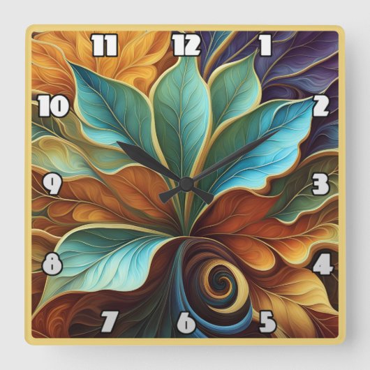 Kleurrijke bladeren in wervelend patroon ontwerp vierkante klok (Voorkant)