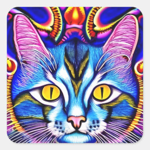 Kleurrijke Blauwe Kat met Vurige Ogen Ai Art Vierkante Sticker