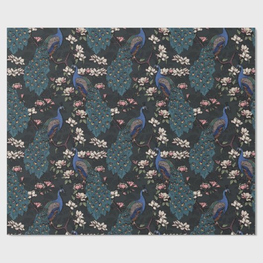 Kleurrijke Blauwe Pauw & Magnolia Zwart Wildlife Cadeaupapier (Vlak)