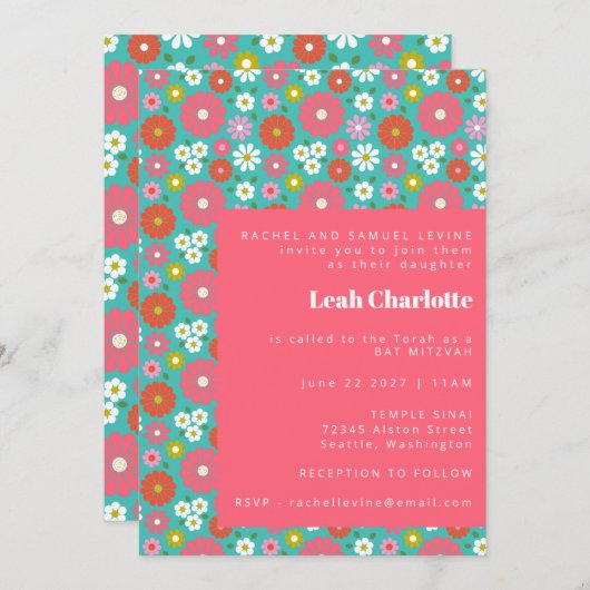 Kleurrijke Blauwe Retro Bloemen Speelse Bat Mitswa Kaart (Voorkant / Achterkant)