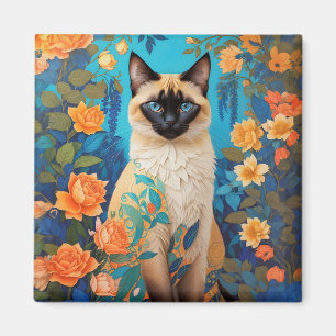 Kleurrijke Blauwe Siamese Kat Bloemen Magneet