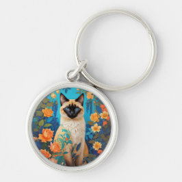 Kleurrijke Blauwe Siamese Kat Bloemen Sleutelhanger