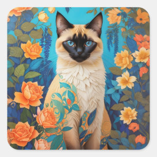 Kleurrijke Blauwe Siamese Kat Botanische Tuin Vierkante Sticker