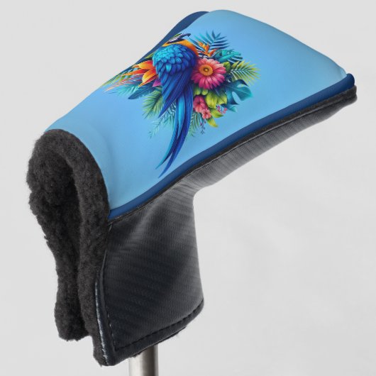 Kleurrijke, blauwe tropische ara golfheadcover (3/4 voorkant)