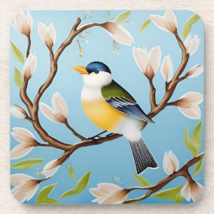 Kleurrijke Blauwe Vogel op een Bloeiende Tak Bier Onderzetter