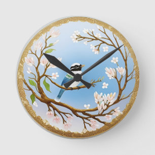 Kleurrijke Blauwe Vogel op een Bloeiende Tak Ronde Klok