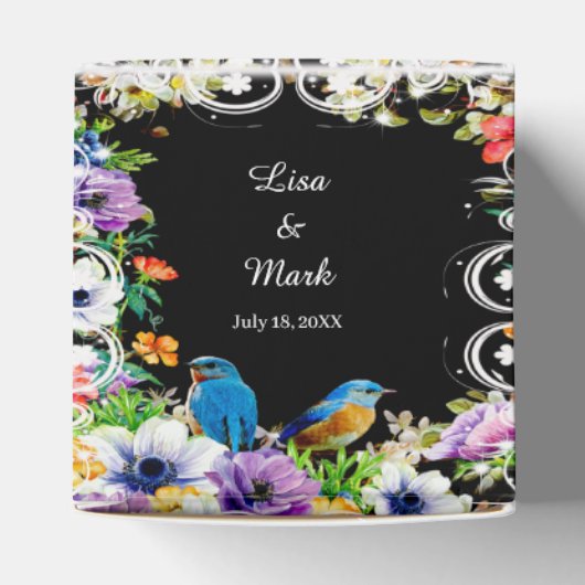 Kleurrijke blauwe vogels en botanische bloemen bedankdoosjes (Bovenkant)
