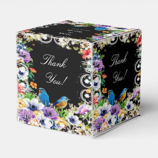 Kleurrijke blauwe vogels en botanische bloemen bedankdoosjes (Achterkant)