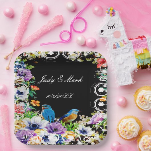 Kleurrijke blauwe vogels en botanische bloemen papieren bordje (Feest)