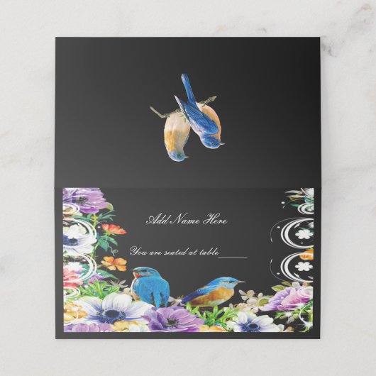 Kleurrijke blauwe vogels en botanische bloemetafel (Buitenkant ongevouwen)