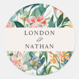 Kleurrijke bloeiende bloemenbruiloft ronde sticker