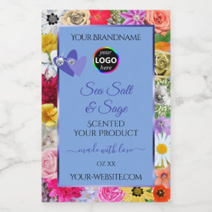 Kleurrijke bloem lichtblauwe productlabels logo to voedselcontainer etiket