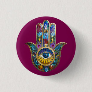 Kleurrijke Bloemblaadjes Bladeren Hamsa Saffier De Ronde Button 3,2 Cm