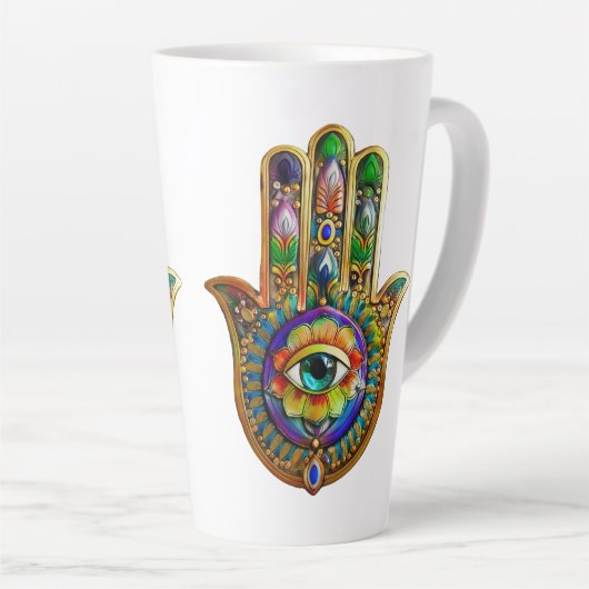 Kleurrijke bloemblaadjes turquoise derde oog hamsa latte mok (Rechterhoek)