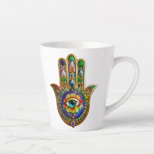 Kleurrijke bloemblaadjes turquoise derde oog hamsa latte mok (Rechts)