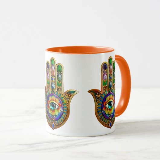 Kleurrijke bloemblaadjes turquoise derde oog hamsa mok (Voorkant rechts)