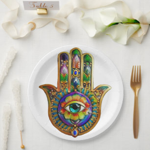Kleurrijke bloemblaadjes turquoise derde oog hamsa papieren bordje